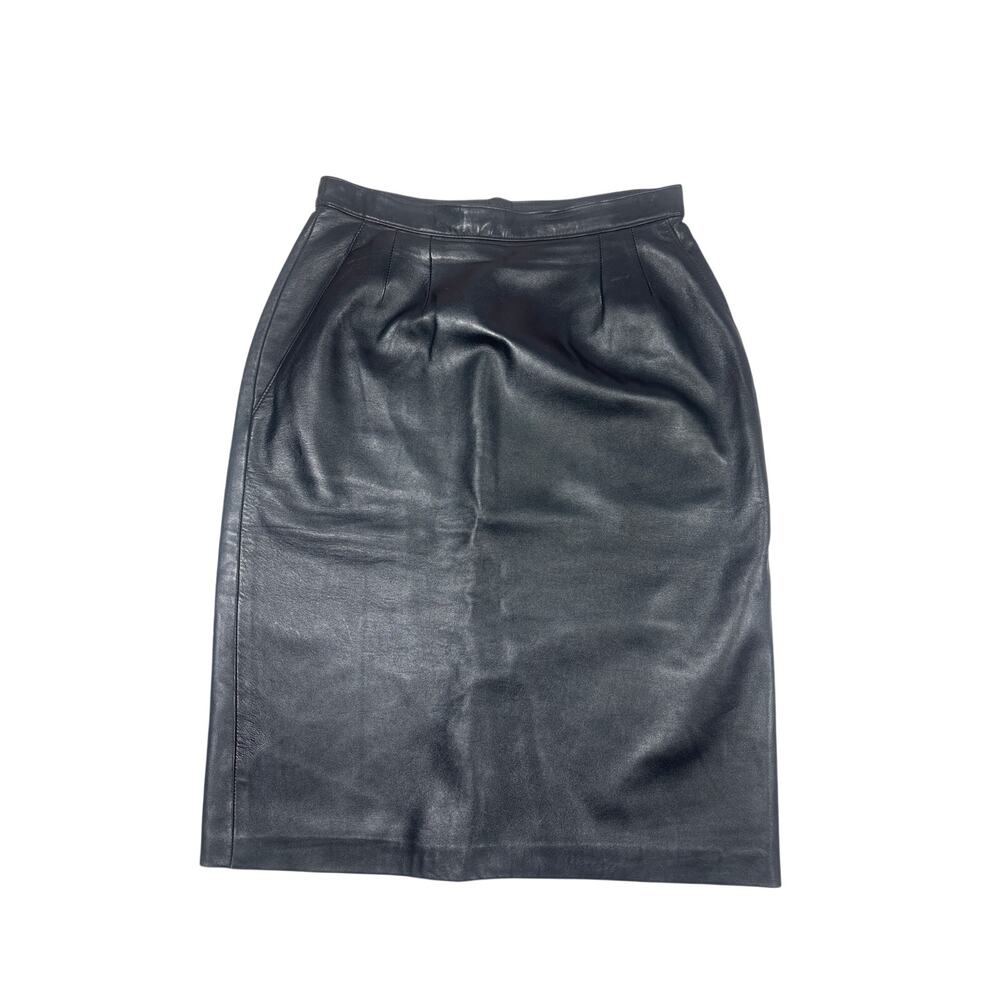 VTG Anne Klein II 80s Union Made Leather Skirt Womens 12 Black 90s Midi Pencil
